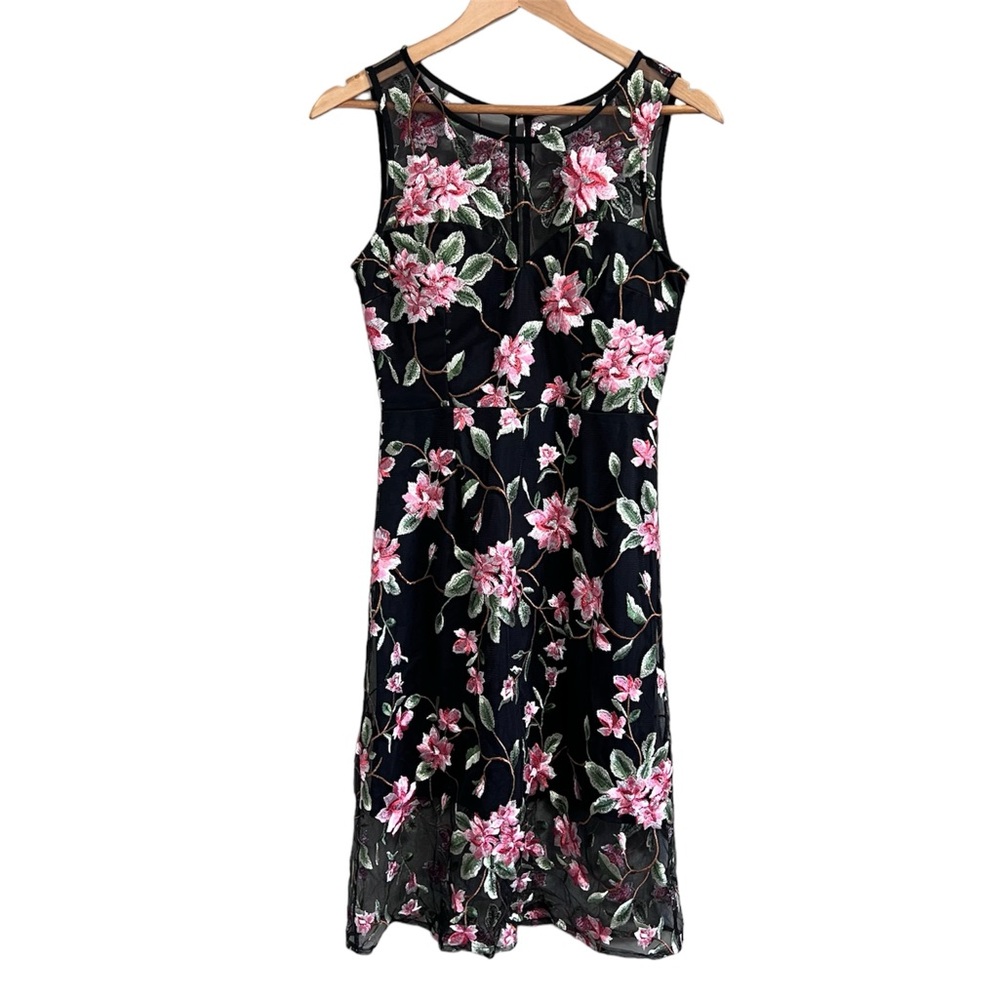 Lulus Black Floral Mesh Midi Dress with Pink Embroidery Small
